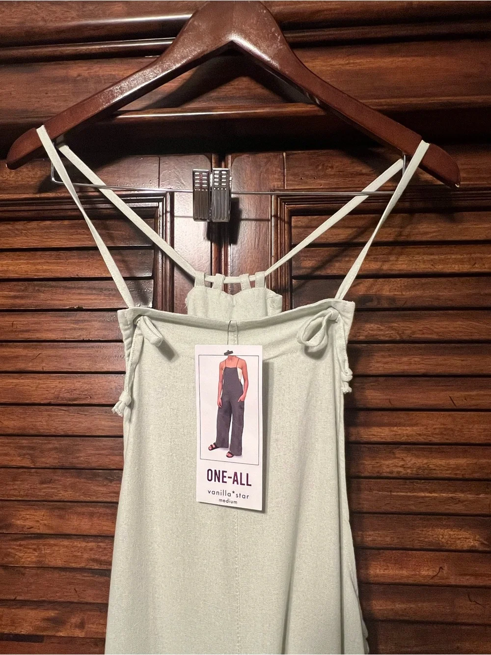 NWT Vanilla Star Sage Green Linen Blend Wide Leg Jumpsuit Strappy Back Size M